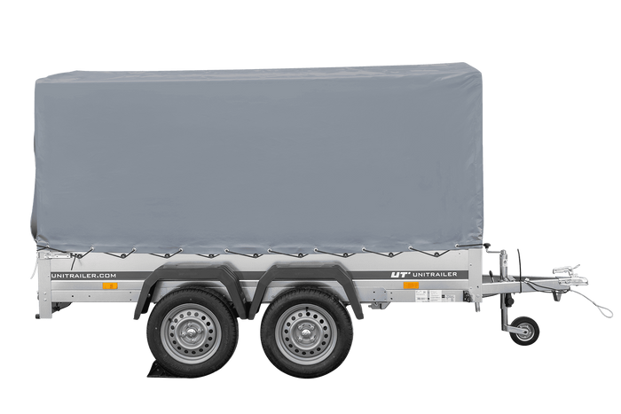 Przyczepka dwuosiowa 264x150 UNITRAILER GARDEN 265/2 KIPP ze stelażem H-1100 i pokrowcem szarym
