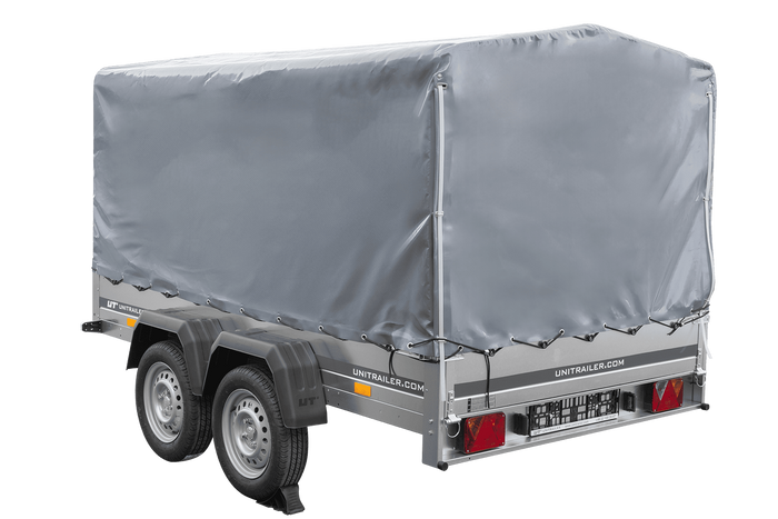 Przyczepka dwuosiowa 264x150 UNITRAILER GARDEN 265/2 KIPP ze stelażem H-1100 i pokrowcem szarym