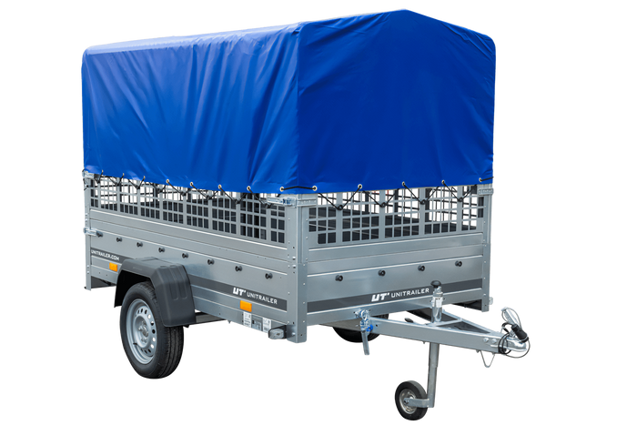 Przyczepka jednoosiowa 230x125 UNITRAILER GARDEN 230 KIPP z burtami siatkowymi, stelażem H-800 i plandeką niebieską