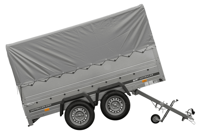 Przyczepka dwuosiowa 264x125 UNITRAILER GARDEN 264/2 KIPP z burtami BIS, stelażem H-800 i pokrowcem szarym