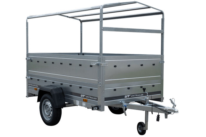 Przyczepka samochodowa 230x125 UNITRAILER GARDEN 230 KIPP z burtami BIS, stelażem H-800 i pokrowcem szarym