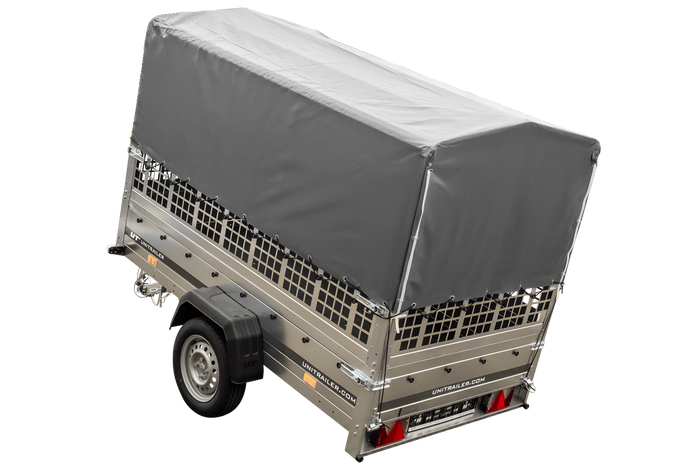 Przyczepka samochodowa 230x125 UNITRAILER GARDEN 230 KIPP z burtami siatkowymi, stelażem H-800 i pokrowcem szarym