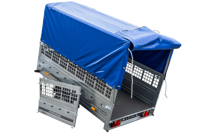 Przyczepka jednoosiowa 230x125 UNITRAILER GARDEN 230 KIPP z burtami siatkowymi, stelażem H-800 i plandeką niebieską