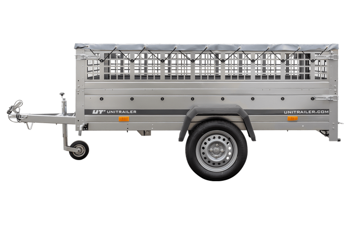 Przyczepka jednoosiowa 230x125 UNITRAILER GARDEN 230 KIPP z burtami siatkowymi, stelażem H-0 i pokrowcem szarym
