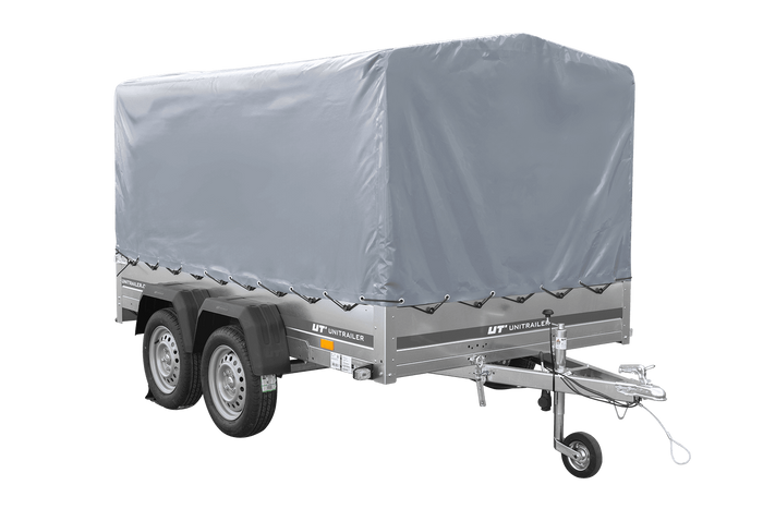 Przyczepka dwuosiowa 264x150 UNITRAILER GARDEN 265/2 KIPP ze stelażem H-1100 i pokrowcem szarym