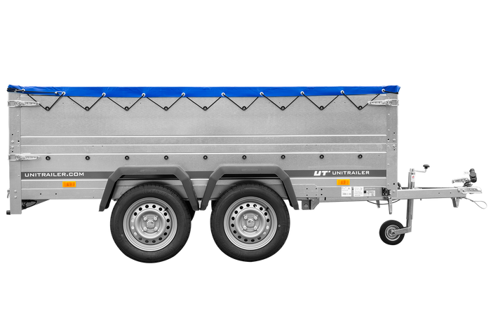 Przyczepka dwuosiowa 264x125 UNITRAILER GARDEN 264/2 KIPP z burtami BIS, stelażem H-0 i pokrowcem niebieskim